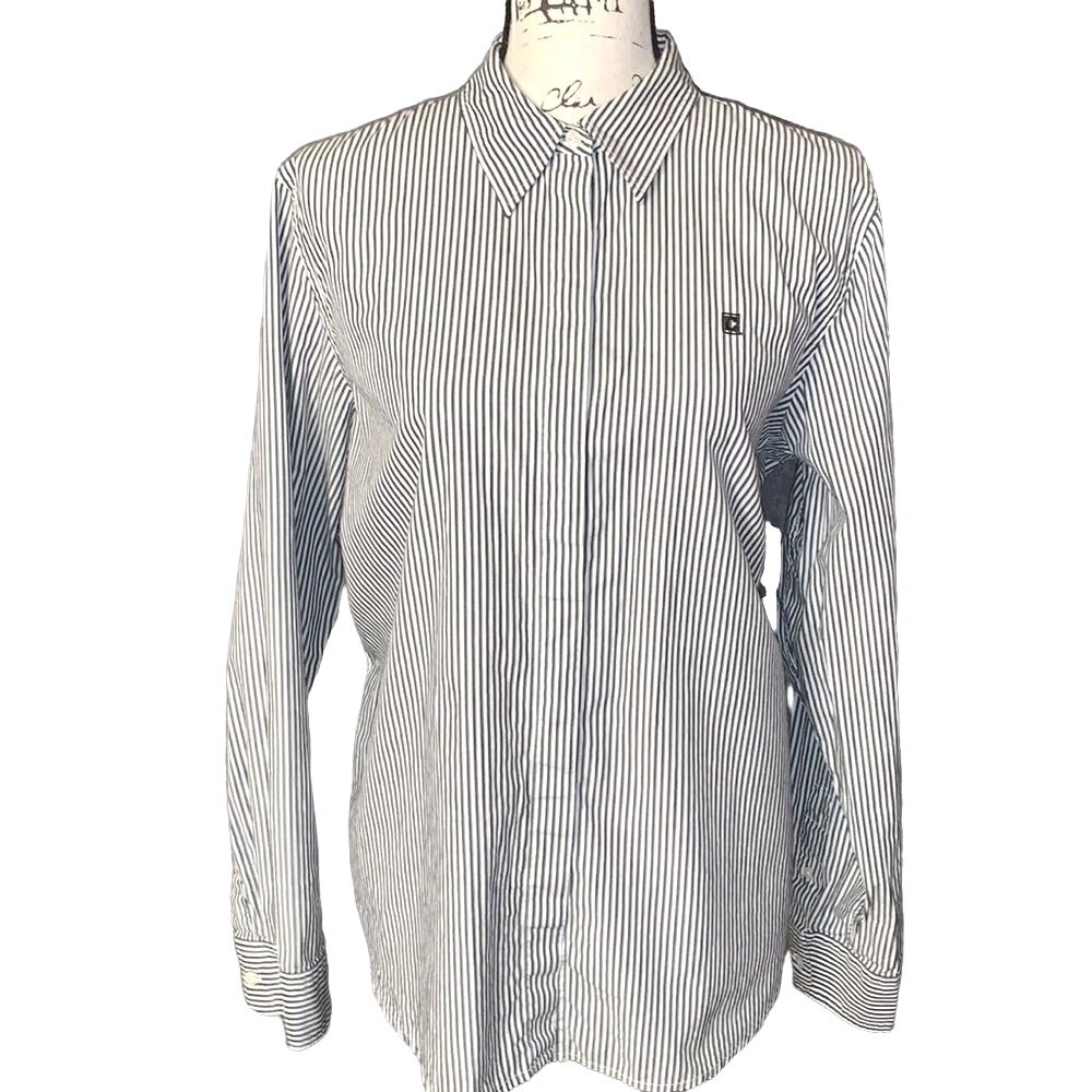 Chaps Womens XL Navy Blue White Striped Cotton Long Sleeve Button Down Shirt